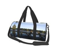 Sac de voyage Morning at The Lake pour homme et femme, sac fourre-tout rond en polyester imprimé avec bandoulière, Noir , Taille unique