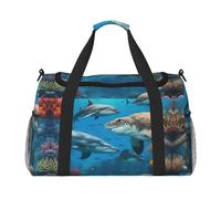 Sac de voyage pliable avec motif dauphins, tortue de mer, requin, pieuvre, récif corallien, sac fourre-tout pour escapades de week-end, voyages spontanés, noir, taille unique, Noir/blanc, One Size