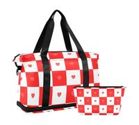 Sac de voyage pliable avec motif écossais rouge et blanc en forme de cœur avec trousse de toilette pour voyage, Carreaux de buffle/rouge/cœur blanc, 1 size