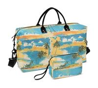 Sac de voyage pliable avec quelques cocotiers verts et plage de sable jaune ciel et mer