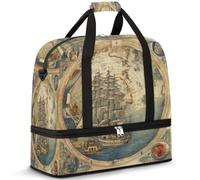 Sac de voyage pliable pour homme et femme - 47 l - Avec manches à roulettes - Sac fourre-tout à bandoulière séparée pour le sport, la gym, les voyages, la carte vintage nautique, couleur, 47 L,
