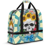 Sac de voyage pliable pour homme et femme - 47 l - Avec manches à roulettes - Sac fourre-tout à bandoulière séparée pour le sport, la gym, les voyages, le tournesol, la fleur et la tête de mort,