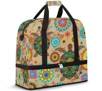 Sac de voyage pliable pour homme et femme - 47 l - Avec manches à roulettes - Sac fourre-tout à bandoulière séparée pour le sport, la gym, les voyages, ethnique, coloré et tortue mandala, couleur, 47