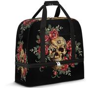Sac de voyage pliable pour homme et femme - 47 l - Avec manches à roulettes - Sac fourre-tout à bandoulière séparée pour le sport, la gym, les voyages - Motif tête de mort - Rose vintage, couleur, 47