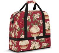 Sac de voyage pliable pour homme et femme - 47 l - Avec manches à roulettes - Sac fourre-tout à bandoulière séparée pour le sport, la gym, les voyages, les fleurs mignonnes - Gâteau aux cerises,