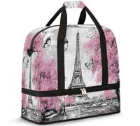 Sac de voyage pliable pour homme et femme - 47 l - Sac de week-end avec manches à roulettes - Sac fourre-tout à bandoulière séparée pour le sport, la gym, les voyages, l'aquarelle - Tour Eiffel