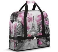 Sac de voyage pliable pour homme et femme - 47 l - Sac de week-end avec manches à roulettes - Sac fourre-tout à bandoulière séparée pour le sport, la gym, les voyages, art romantique Paris Tour