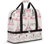 Sac de voyage pliable pour homme et femme - 47 l - Sac de week-end avec manches à roulettes - Sac fourre-tout à bandoulière séparée pour le sport, la gym, les voyages - Thème romantique France Paris,