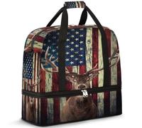 Sac de voyage pliable pour homme et femme, sac de week-end de 47 l avec manches à roulettes, sac fourre-tout à bandoulière séparée pour le sport, la gym, les voyages, l'élan du cerf et le drapeau