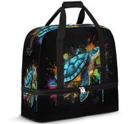 Sac de voyage pliable pour homme et femme, sac de week-end de 47 l avec manches à roulettes, sac fourre-tout à bandoulière séparée pour le sport, la gym, les voyages, aquarelle tortue de mer, couleur,