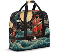 Sac de voyage pliable pour homme et femme, sac de week-end de 47 l avec manches à roulettes, sac fourre-tout à bandoulière séparée pour le sport, la gym, les voyages, aquarelle, océan, bateau vintage,
