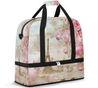 Sac de voyage pour cartes postales Tour Eiffel Roses pour homme et femme Sac fourre-tout pliable 47 l Pour le sport, la gym, le yoga, couleur, 47 L, Organiseur de sac