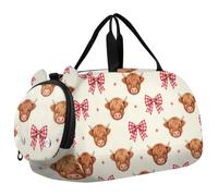 Sac de voyage pour enfants, garçons et filles | Sac de sport pour soirée pyjama avec compartiment à chaussures Motif vache Highland Coquette Bow Western Noël Vichy rouge