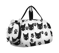 Sac de voyage pour garçons, coquelicots rouges, fleurs bleues, feuilles blanches, sac de voyage pour enfants, Silhouettes de tête de chat noir alternées empreintes de pattes noires, Classique