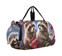 Sac de voyage pour garçons, sac de voyage pour filles, sac fourre-tout avec compartiment à chaussures, couple de pingouins, cœur, amour, Romantique Raton laveur Valentine Love, Classique