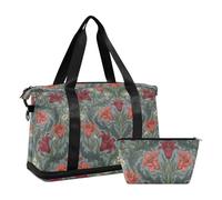 Sac de voyage rétro rouge motif lys de la Saskatchewan avec poche humide, sangle réglable, grand sac de sport pour voyage, grande capacité pour homme et femme