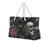 Sac de voyage robuste style gothique avec têtes de mort et roses avec poches latérales - Sac de voyage portable avec porte-gobelets sur le côté