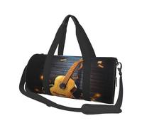 Sac de voyage rond en toile avec imprimé notes de guitare, imperméable et résistant aux déchirures. Sac de voyage pliable pour le week-end