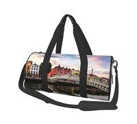 Sac de voyage rond en toile imperméable et résistant aux déchirures, motif pont, coucher de soleil et rivière
