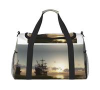 Sac de voyage Ship in The Lake Sunset pour femmes et hommes, sac fourre-tout en polyester imprimé avec bandoulière, Noir , Taille unique