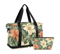 Sac de voyage vintage avec sangle réglable pour le sport et les feuilles vertes, Fleurs de lys orange vintage feuilles vertes, 1 size