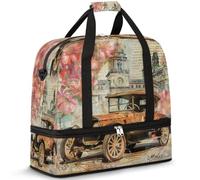 Sac de voyage vintage London Old Car pour homme et femme - Motif floral rétro - Pliable - Sac de sport pour le week-end - Sac de cabine avec compartiment à chaussures, multicolore