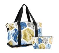 Sac de week-end avec poche nasale, sangle réglable, sac de gym, sac de voyage, lot de 2 pour homme et femme, bleu/doré