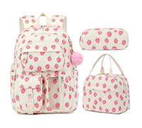 Sac d'école pour filles, ensemble de 3 sacs à dos mignons en velours côtelé aux fraises, sacs d'école légers de capacité, sac à dos aux fraises 12x7x17 pouces