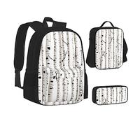 Sac d'école, sac à déjeuner, trousse à crayons avec imprimé bouleau pour l'école, le camping, les voyages, Noir , Taille unique