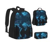 Sac d'école, sac à déjeuner, trousse à crayons avec imprimé carte du monde pour l'école, le camping, les voyages, Noir , Taille unique