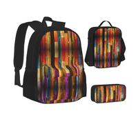 Sac d'école, sac à déjeuner, trousse à crayons avec imprimé en bois peint coloré pour l'école, le camping, les voyages, Noir , Taille unique