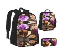 Sac d'école, sac à déjeuner, trousse à crayons avec imprimé fleur de lavande et spa, pour l'école, le camping, les voyages, Noir , Taille unique