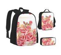 Sac d'école, sac à déjeuner, trousse à crayons avec imprimé floral pour l'école, le camping, les voyages, Noir , Taille unique