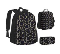 Sac d'école, sac à déjeuner, trousse à crayons avec imprimé lignes géométriques, pour l'école, le camping, les voyages, Noir , Taille unique