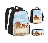 Sac d'école, sac à déjeuner, trousse à crayons avec imprimé Merry Christmas Beach pour l'école, le camping, les voyages, Noir , Taille unique