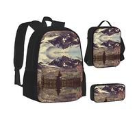 Sac d'école, sac à déjeuner, trousse à crayons avec imprimé paysage de montagnes pour l'école, le camping, les voyages, Noir , Taille unique