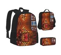 Sac d'école, sac à déjeuner, trousse à crayons avec imprimé Père Noël à l'extérieur de la fenêtre pour l'école, le camping, les voyages, Noir , Taille unique