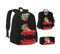 Sac d'école, sac à déjeuner, trousse à crayons avec imprimé Père Noël dans une voiture pour l'école, le camping, les voyages, Noir , Taille unique