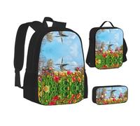 Sac d'école, sac à déjeuner, trousse à crayons avec imprimé printanier, pour l'école, le camping, les voyages, Noir , Taille unique