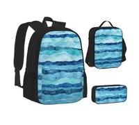 Sac d'école, sac à déjeuner, trousse à crayons pour l'école, le camping, les voyages Motif rayures bleues, Noir , Taille unique