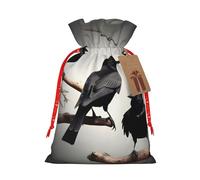 Sac d'emballage de Noël en lin avec cordon de serrage Motif corbeau noir sur une branche