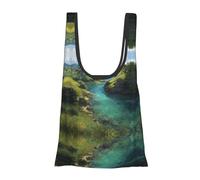 Sac d'épicerie pliable réutilisable et léger avec imprimé collines vertes et eaux claires pour les courses, les voyages, la plage, respectueux de l'environnement, compact
