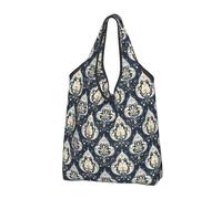 Sac d'épicerie vintage réutilisable avec poignées Motif floral damassé, Noir/blanc, 1 PCS