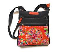 Sac en coton ethnique avec imprimés colorés et inserts en cuir, sac à bandoulière en coton et cuir pour femmes ethniques indiennes colorées (Noir 01)