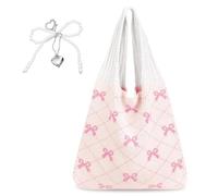 Sac en crochet avec nœud rose - Sac de plage léger et esthétique - Sac fourre-tout en tricot élégant avec perles en forme de cœur - Sac à bandoulière tricoté pour femme - Pour le quotidien, les