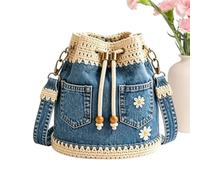 Sac En Denim - Daisy Broderie Rétro Boho Crochet Garniture Cordon Sac À Ban | Petit Sac Seau En Jean, Sac En Jean Rétro Pour Jupe, Robe Chemisier, Vacances, Déplacements Quotidiens, Sorties Décontractées