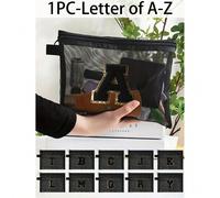 Sac en maille noire, grande capacité, peut être brodé avec une lettre initiale, serviette brodée avec les lettres de A à Z, sac de rangement cosmétique en maille transparente, sac de voyage multifonct