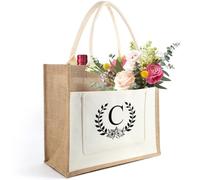 Sac en Toile de Jute avec Lettre, Sac Fourre-Tout Initiale, Sac en Toile de Jute Portable, Sac Cabas Jute Alphabet, Cadeau pour Femme, Maman, Amis, Cadeau pour Anniversaire, Fête des mères (C)
