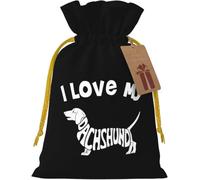 Sac en toile de jute réutilisable « J'adore mon teckel » avec cordon de serrage, idéal pour Noël et les cadeaux d'invités.