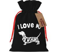 Sac en toile de jute réutilisable « J'adore mon teckel » avec cordon de serrage, idéal pour Noël et les cadeaux d'invités.